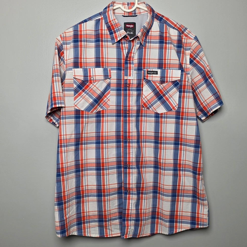 Wrangler Outdoor Shirt Mens Large Blue Red Plaid Snap Short Sleeve Mesh Vent